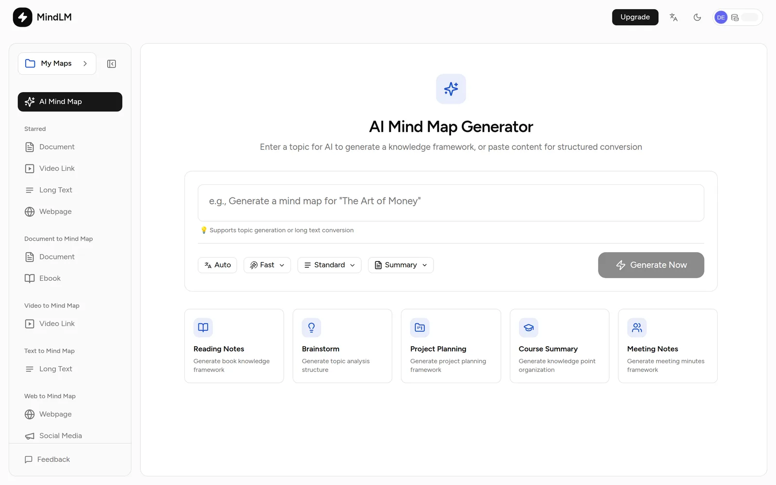 The create page: text box and template cards in the middle, input sources in the sidebar