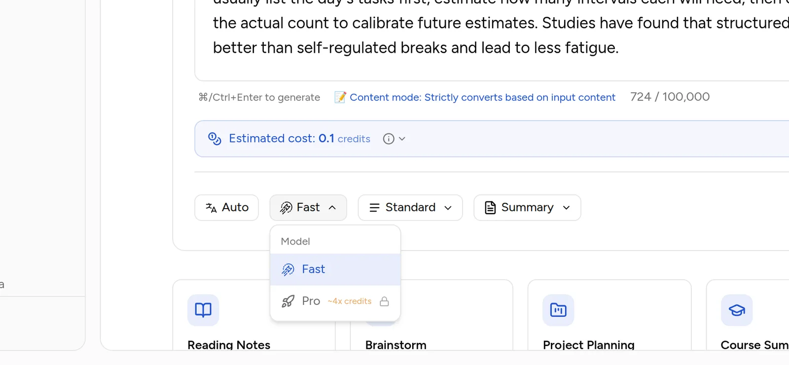 The model dropdown open: Fast and Pro, with a ~4x credits note next to Pro