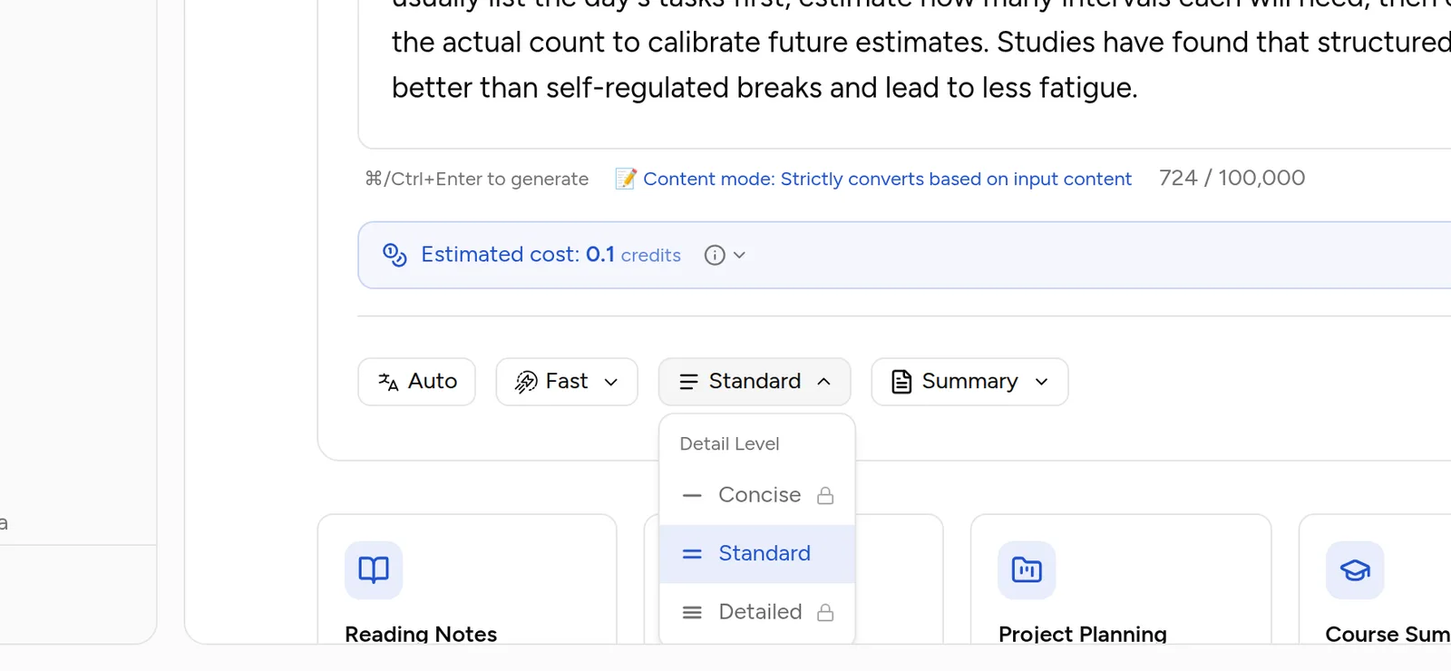 The detail level dropdown open: Concise, Standard, Detailed