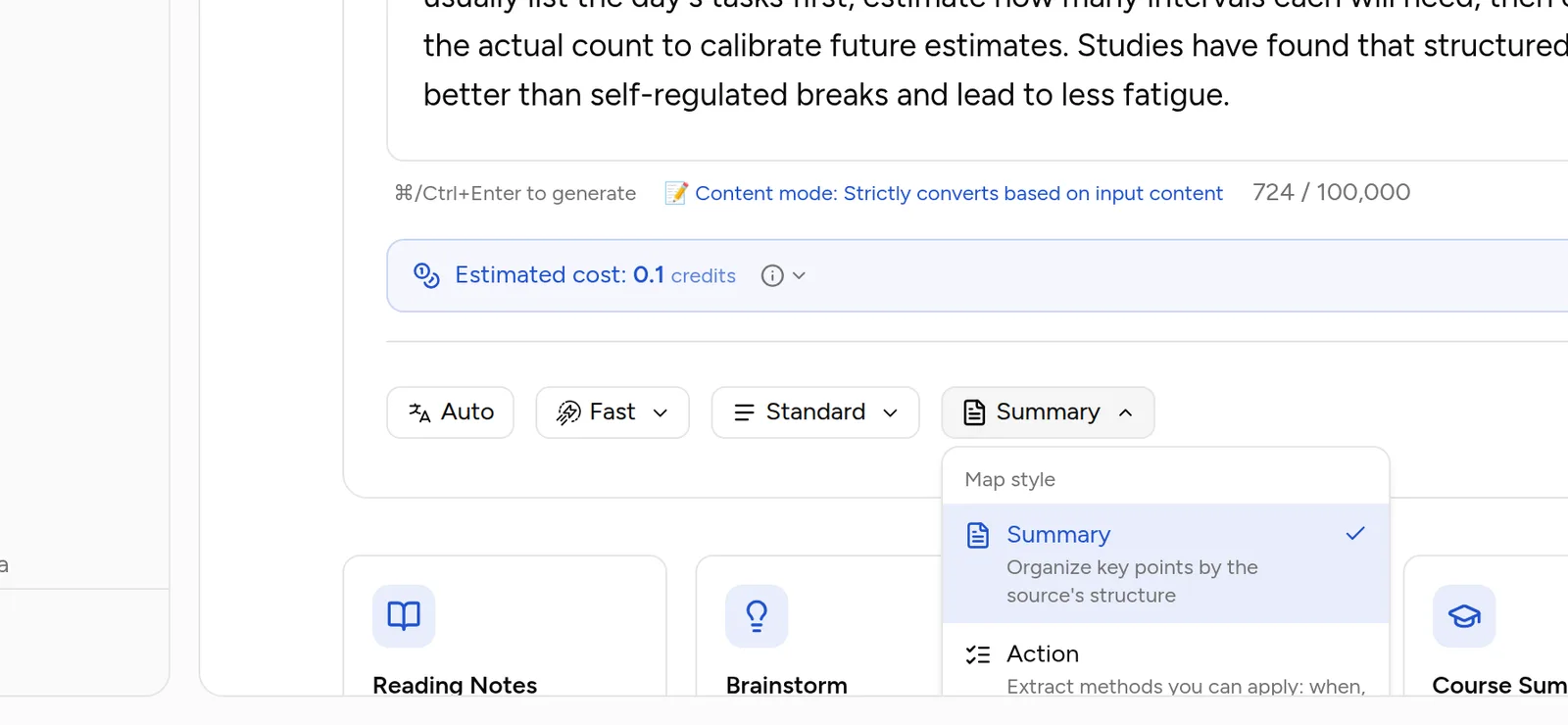 The map style dropdown open: Summary and Action