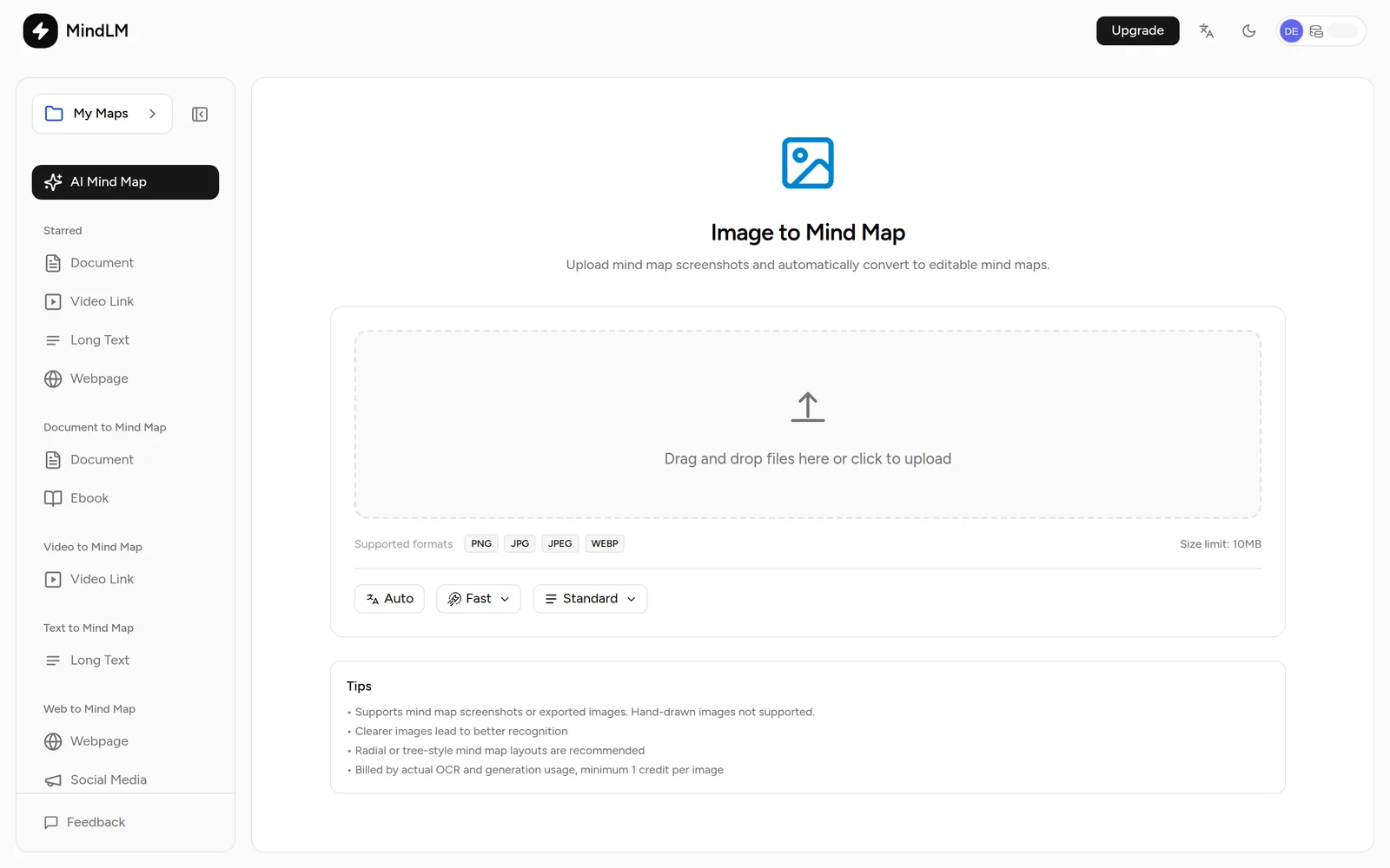 The image upload page with the upload area and recognition tips