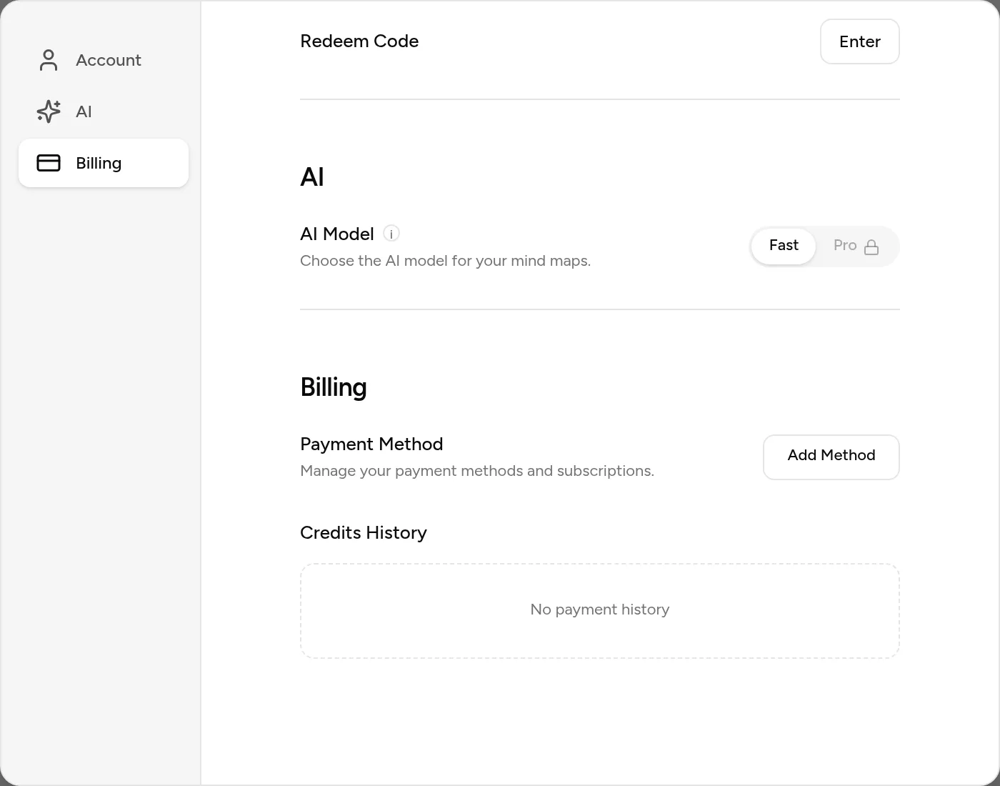 The Billing tab of settings: credit history list