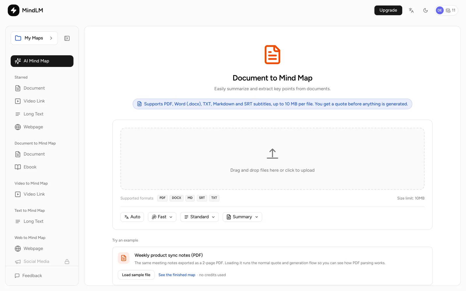 The document upload page: dashed upload area with supported formats and the size limit listed below