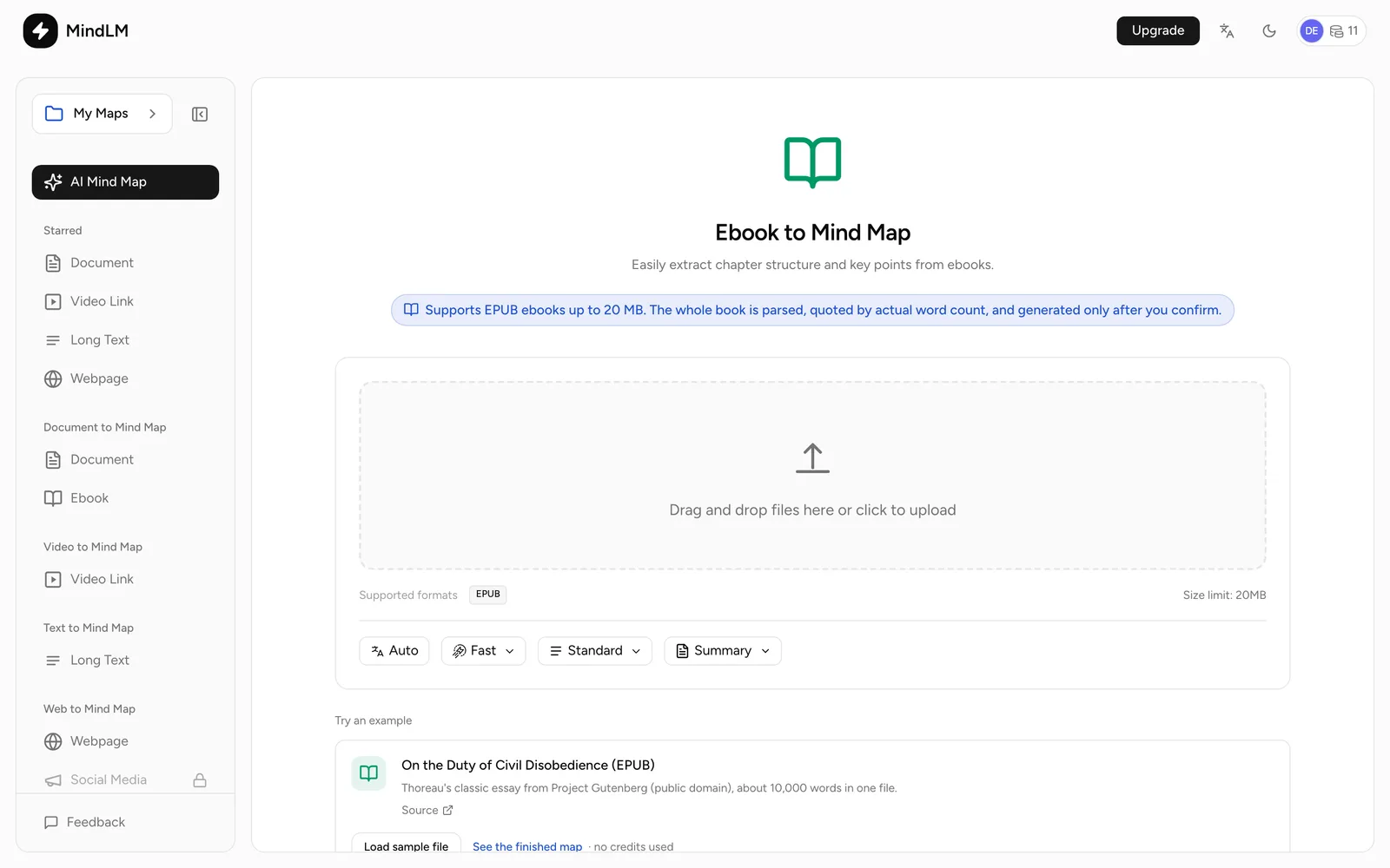 The ebook upload page, which accepts EPUB only