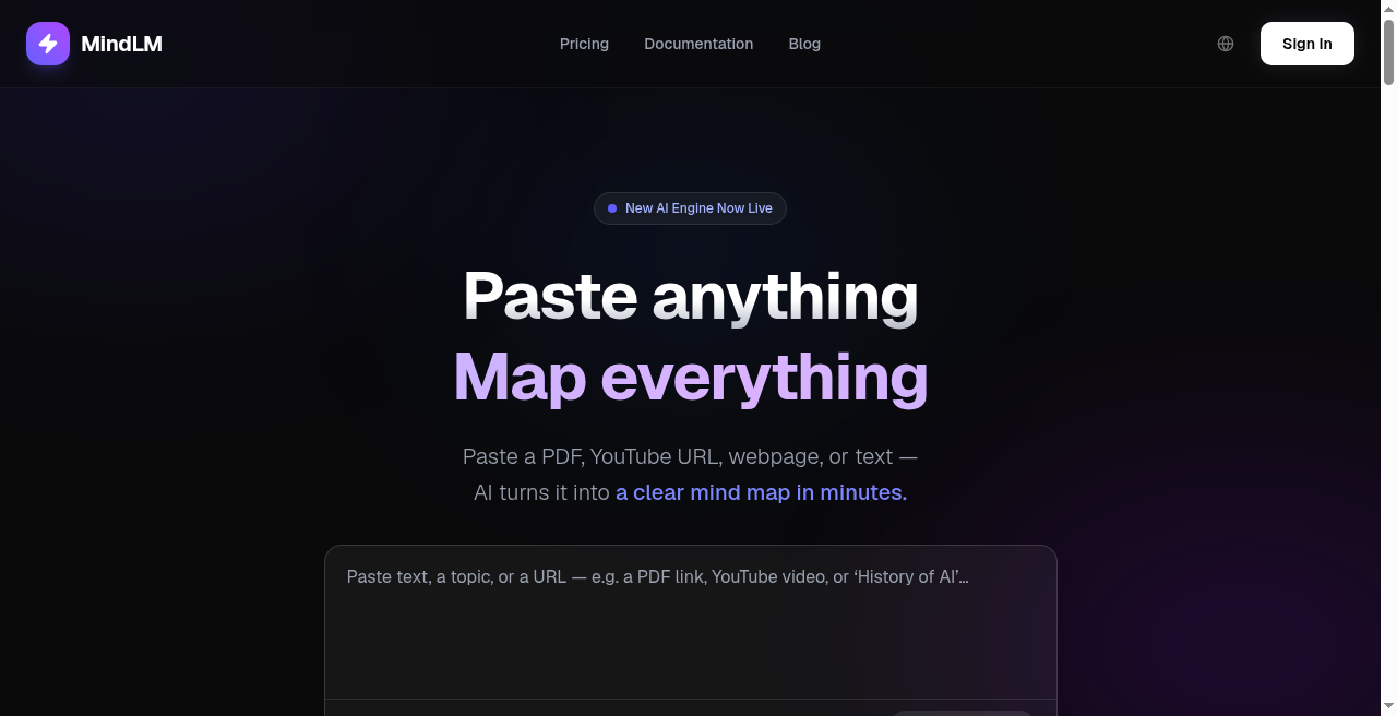 MindLM home page: paste a PDF, YouTube URL, webpage, or text and get a mind map