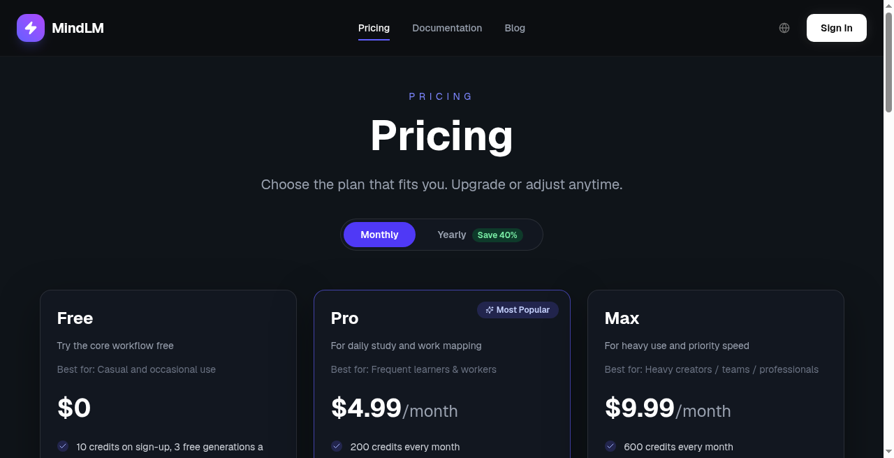 MindLM pricing page showing Free at $0, Pro at $4.99 per month, and Max at $9.99 per month