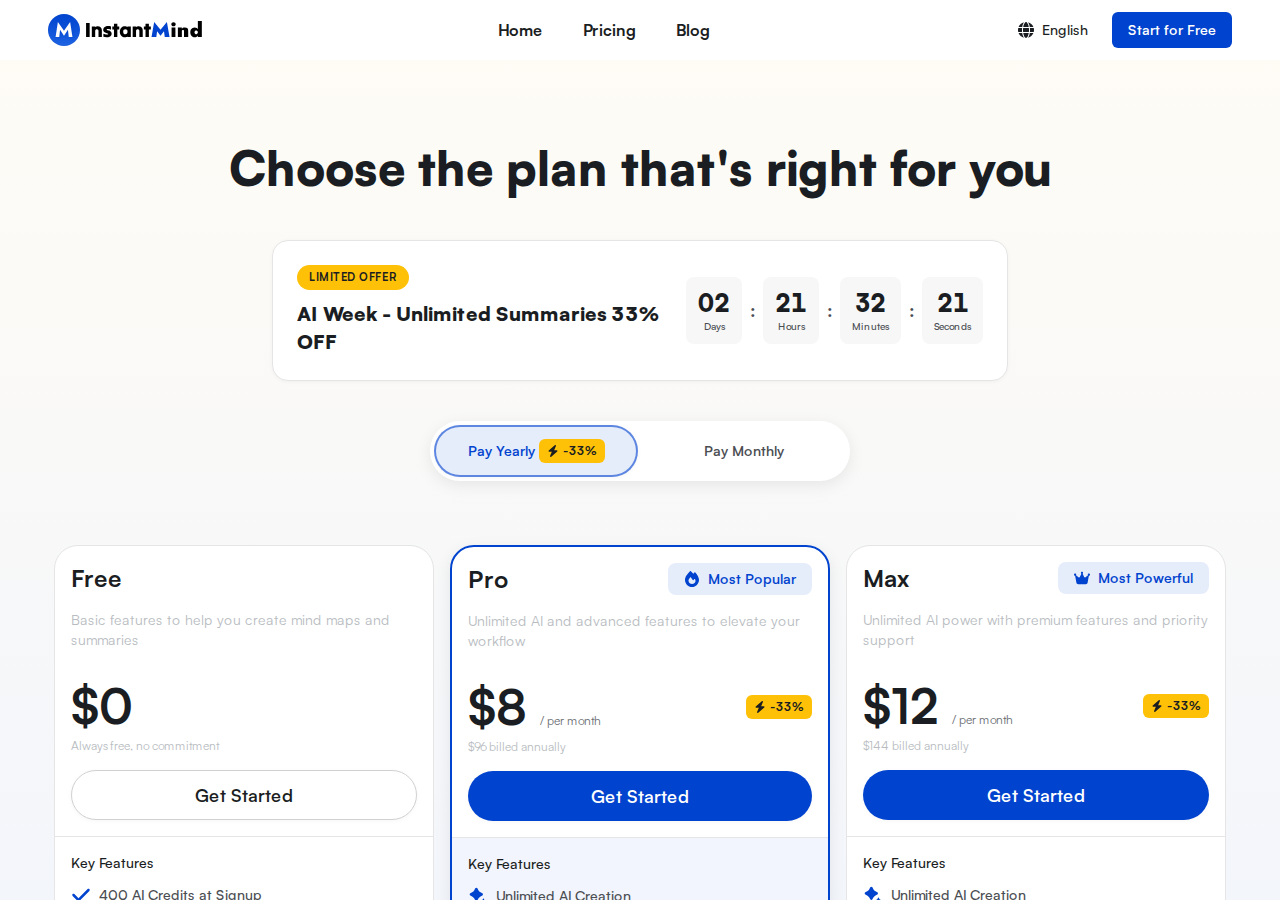Official InstantMind homepage or pricing page showing plans and multi-format mind map features