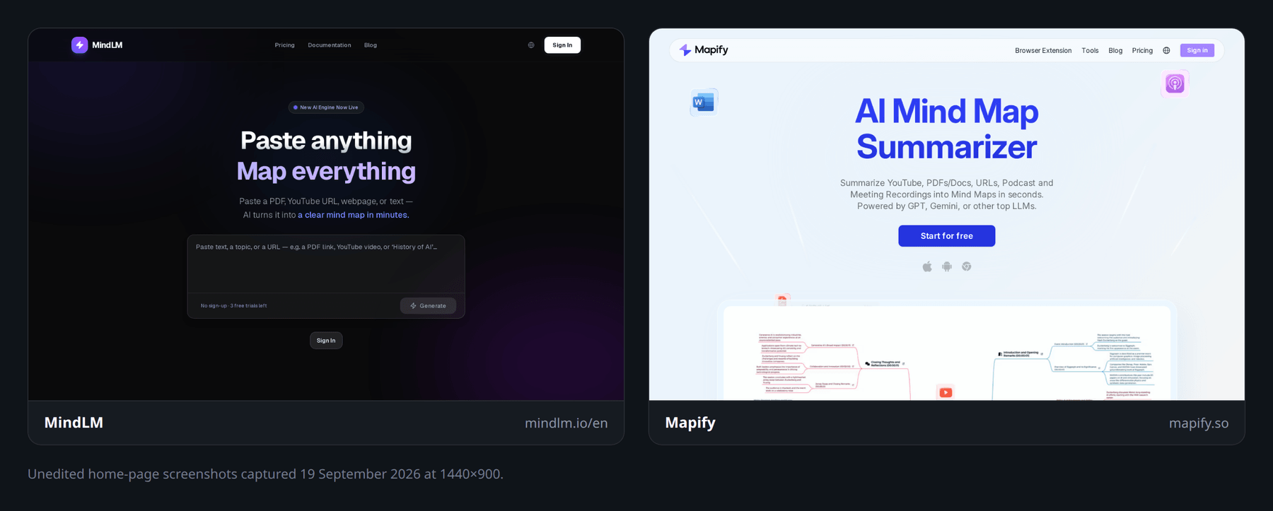 Official Mapify screen showing a YouTube- or PDF-to-mind-map workflow