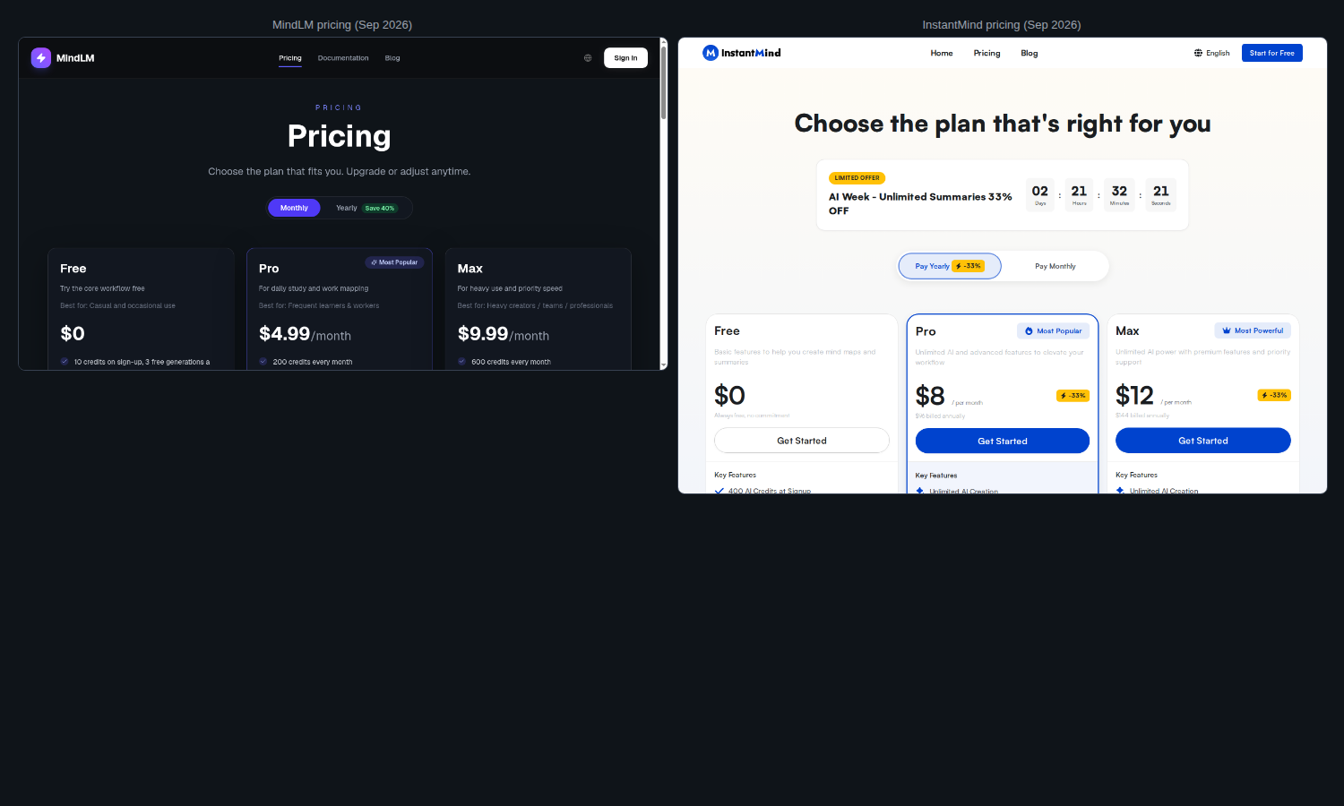 Side-by-side or cropped pricing cards for MindLM and InstantMind plans