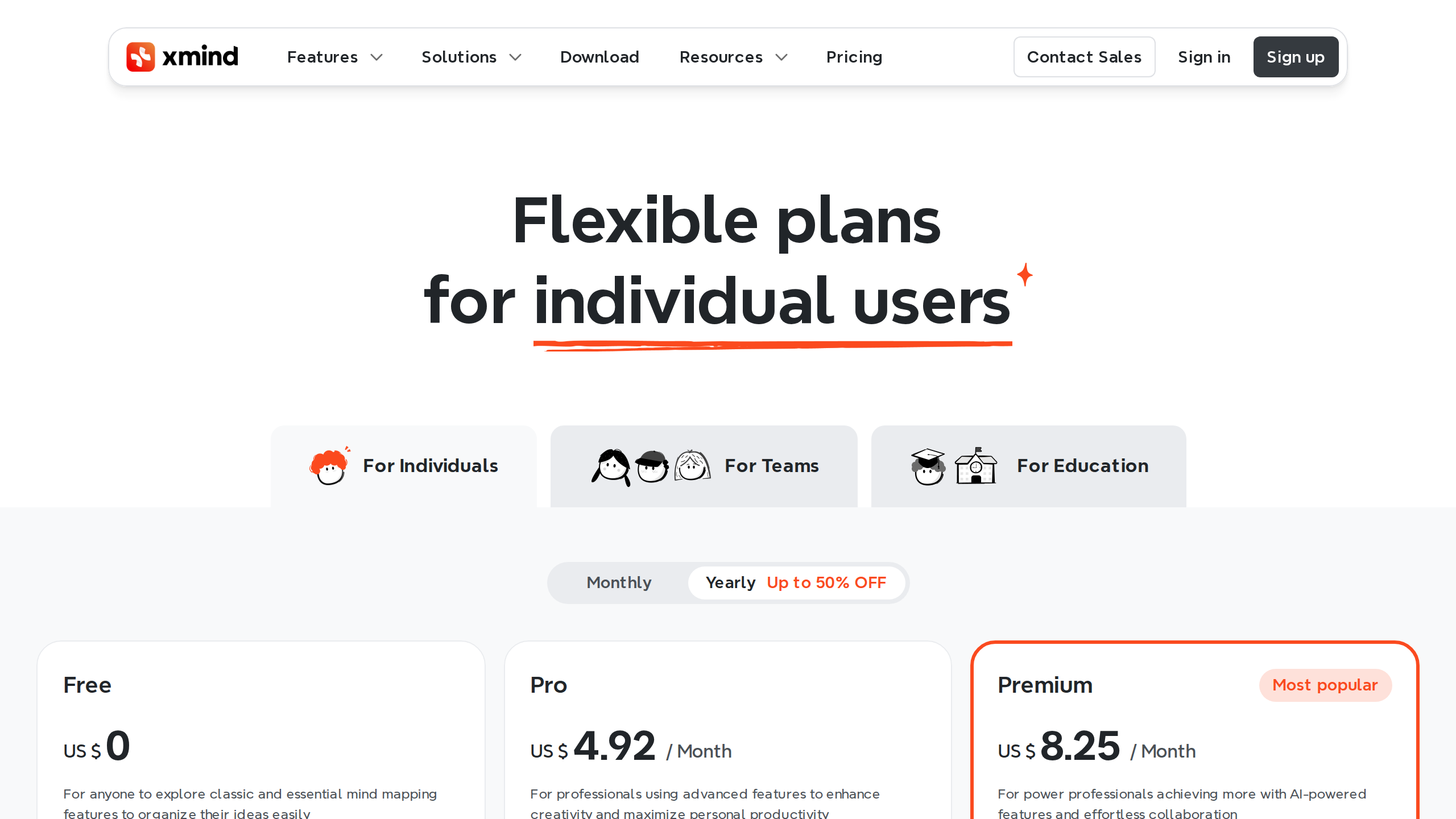 Official Xmind pricing page showing Free, Pro, and Premium plan tiers