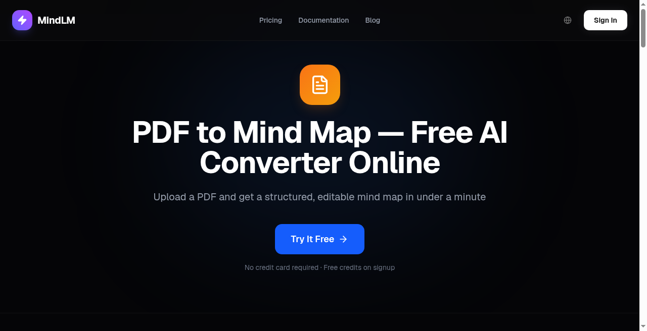 MindLM interface showing a PDF converted into a hierarchical mind map with chapter branches